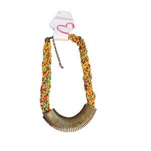 Vintage Colorful Braided Beaded Necklace Brass Metal Accent Discovery Red Orange